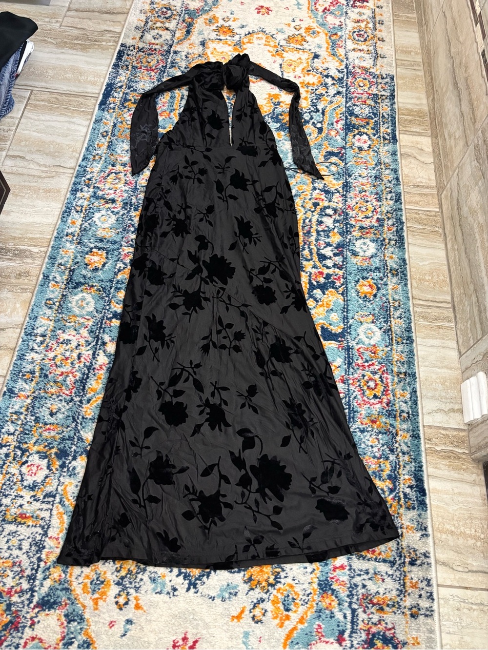 Hello Molly Black Velvet Floral Tie-Neck Maxi Dress NWT
